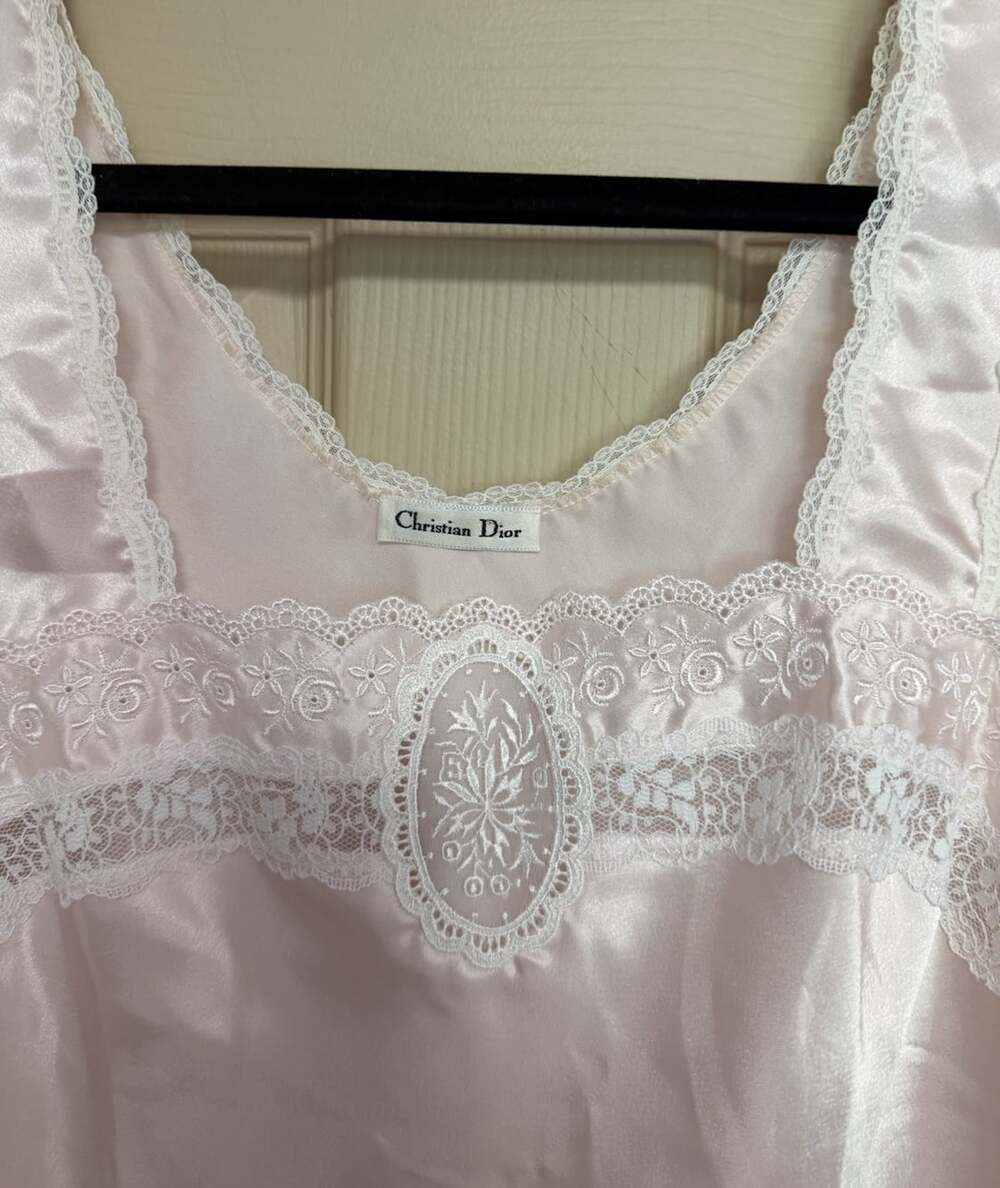 Vintage Christian Dior Pink Lace Trim Satin Camisole Size Large